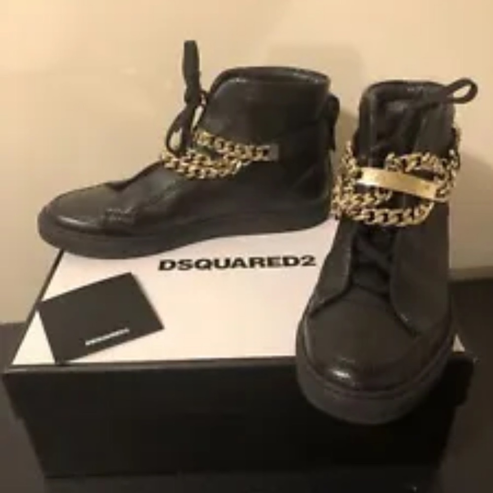 DSQUARED2 7/37 Black Leather High Top Fashion Sneakers $650 Perfect Condition